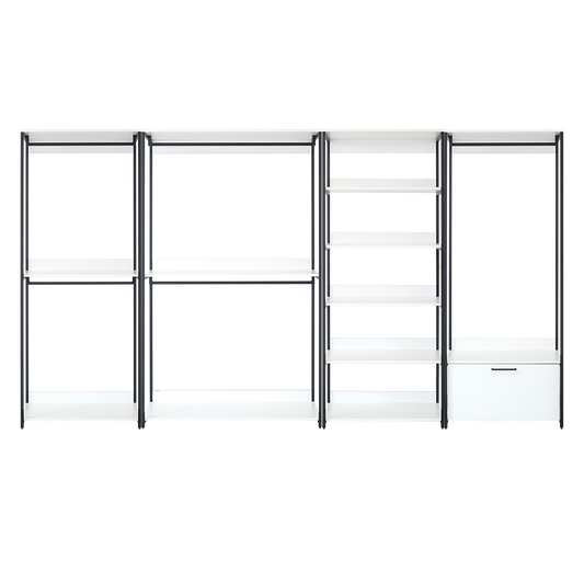 Modern modular shelving unit with white shelves and black metal frame