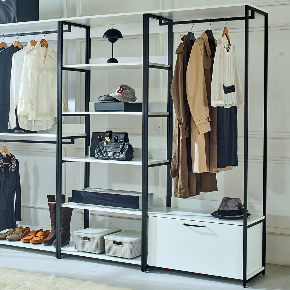 Modern open wardrobe with hanging clothes