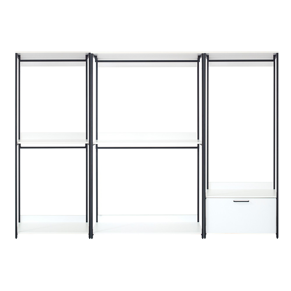 Modern black metal open shelving unit with geometric wood paneling
