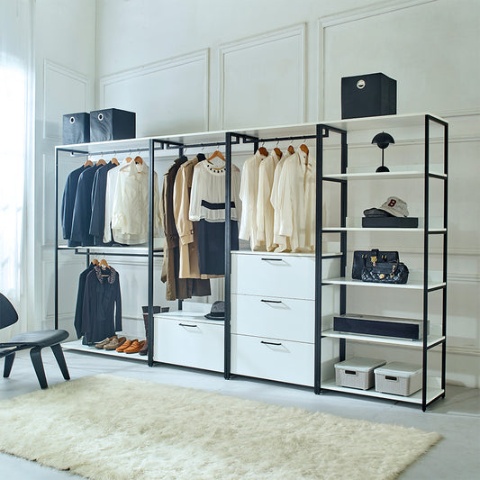 Modern open wardrobe with hanging clothes and storage drawers