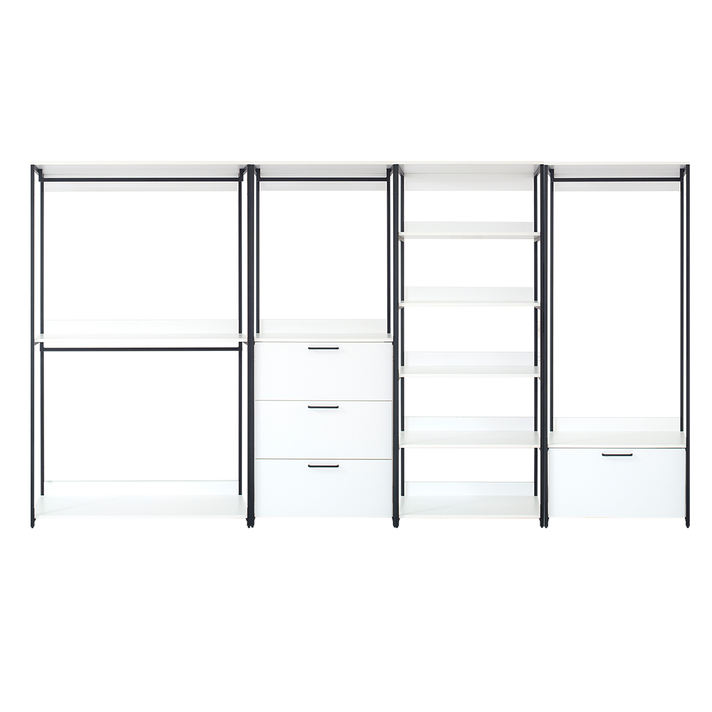 Modern modular shelving unit with white shelves and black metal frame