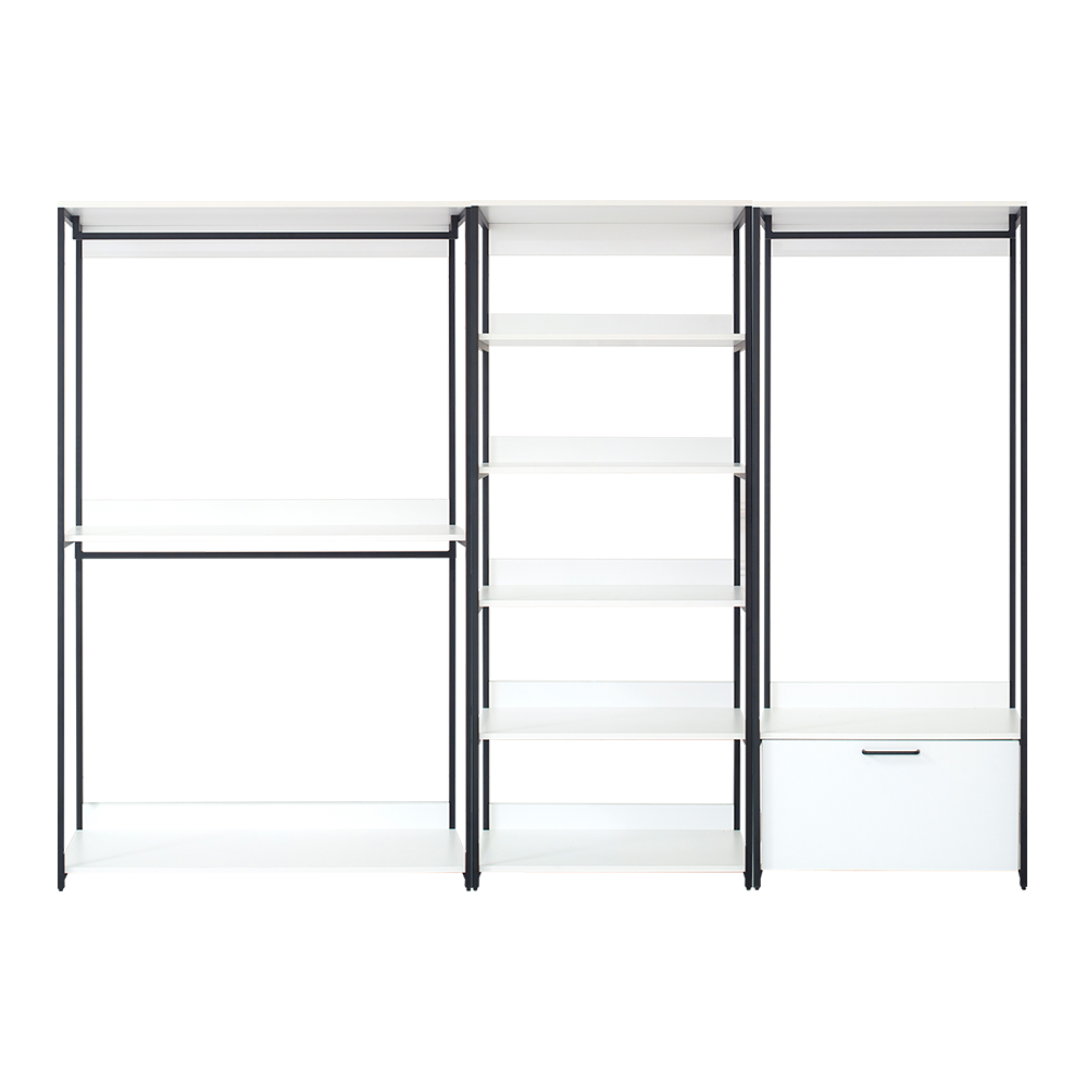 Modern modular shelving unit with white shelves and black metal frame