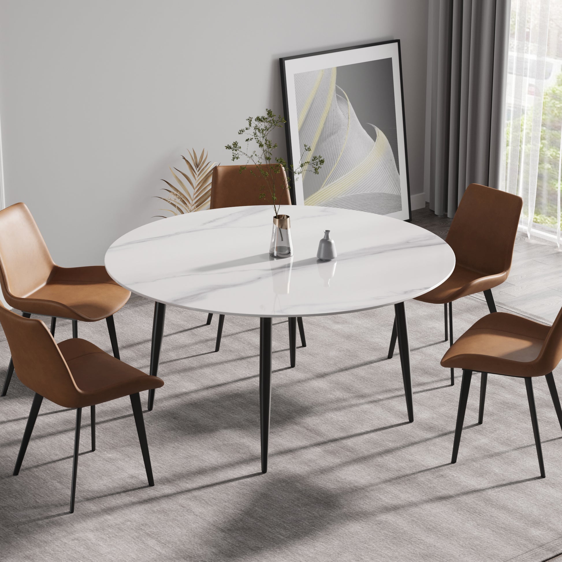 White marble dining table with  brown leather chairs and black metal legs