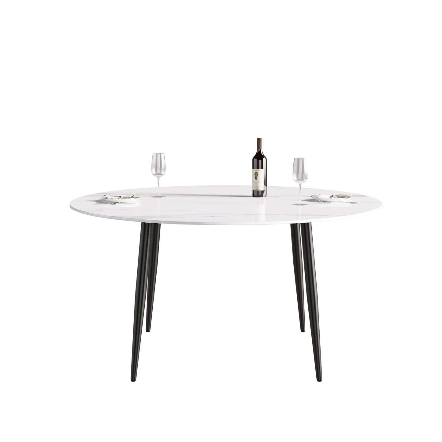 Round white marble dining table with black tapered legs