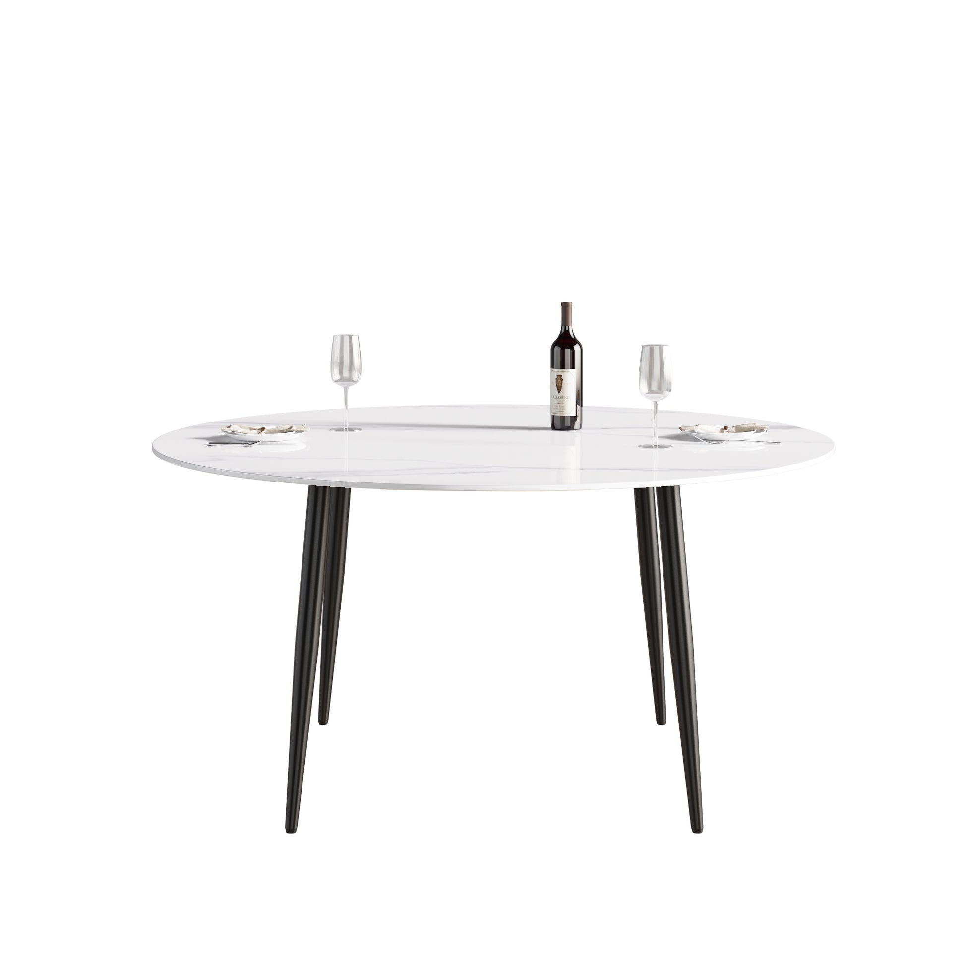 Round white marble dining table with black tapered legs