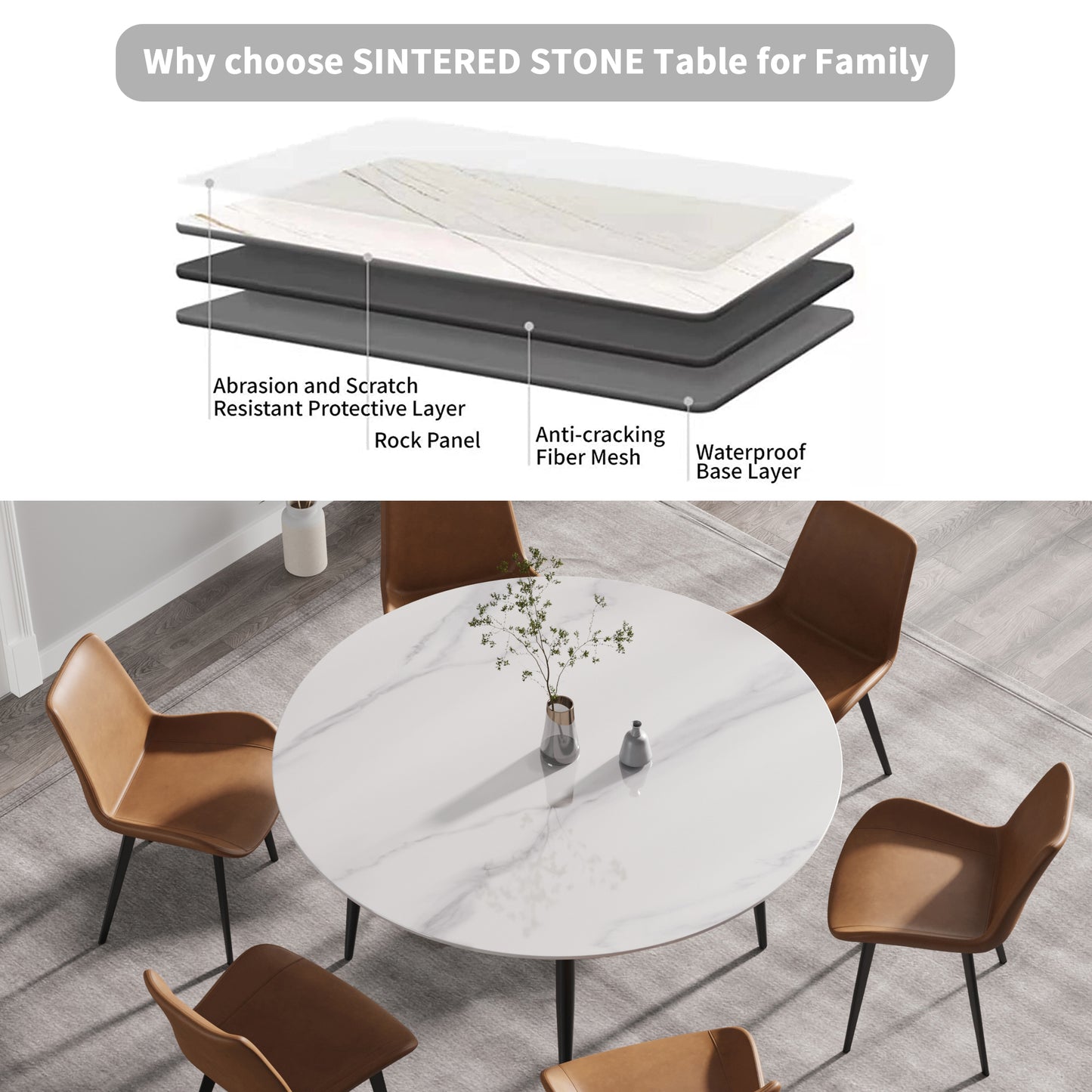 Round sintered stone dining table with white marble effect top and brown chairs