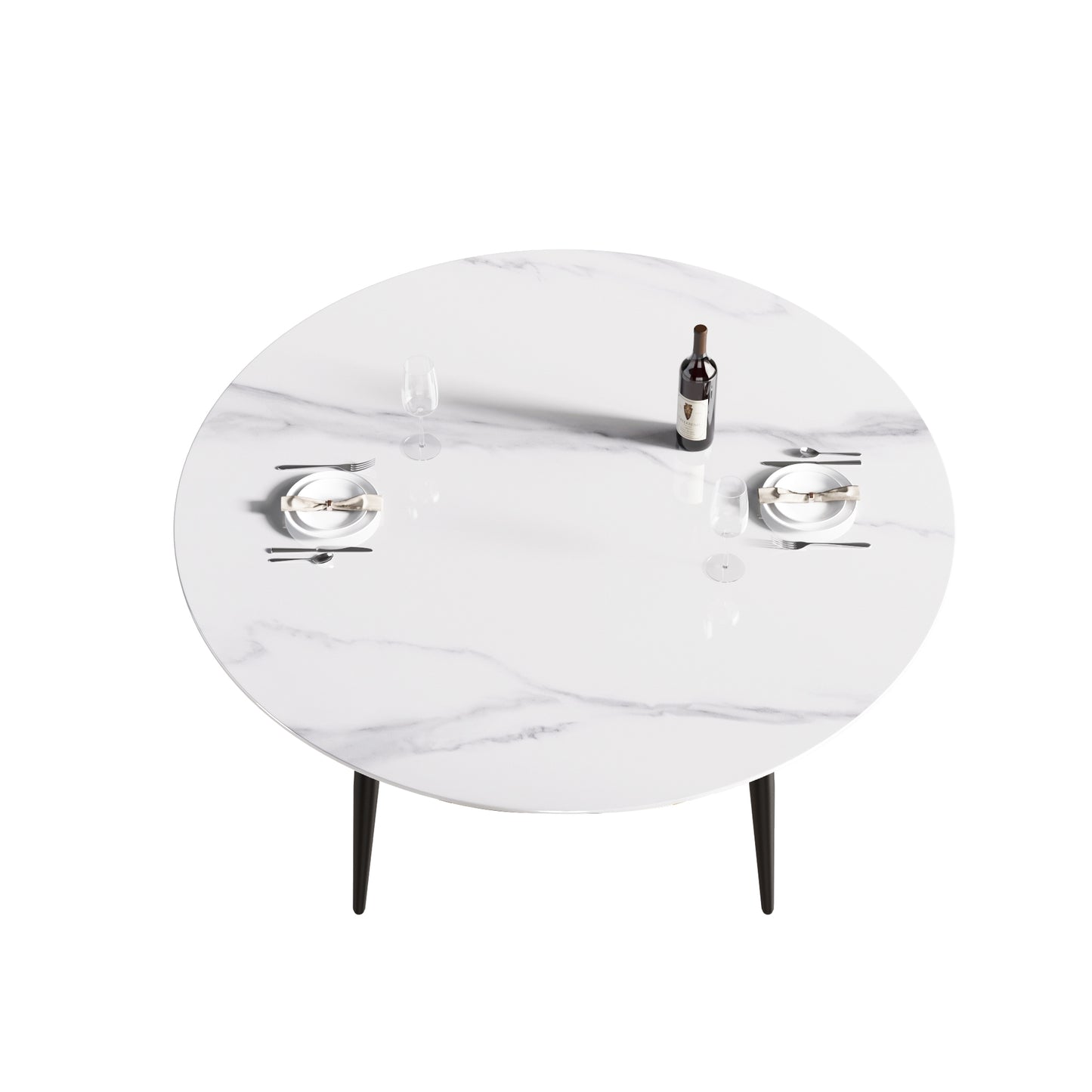 Round marble dining table with wine and place settings for two