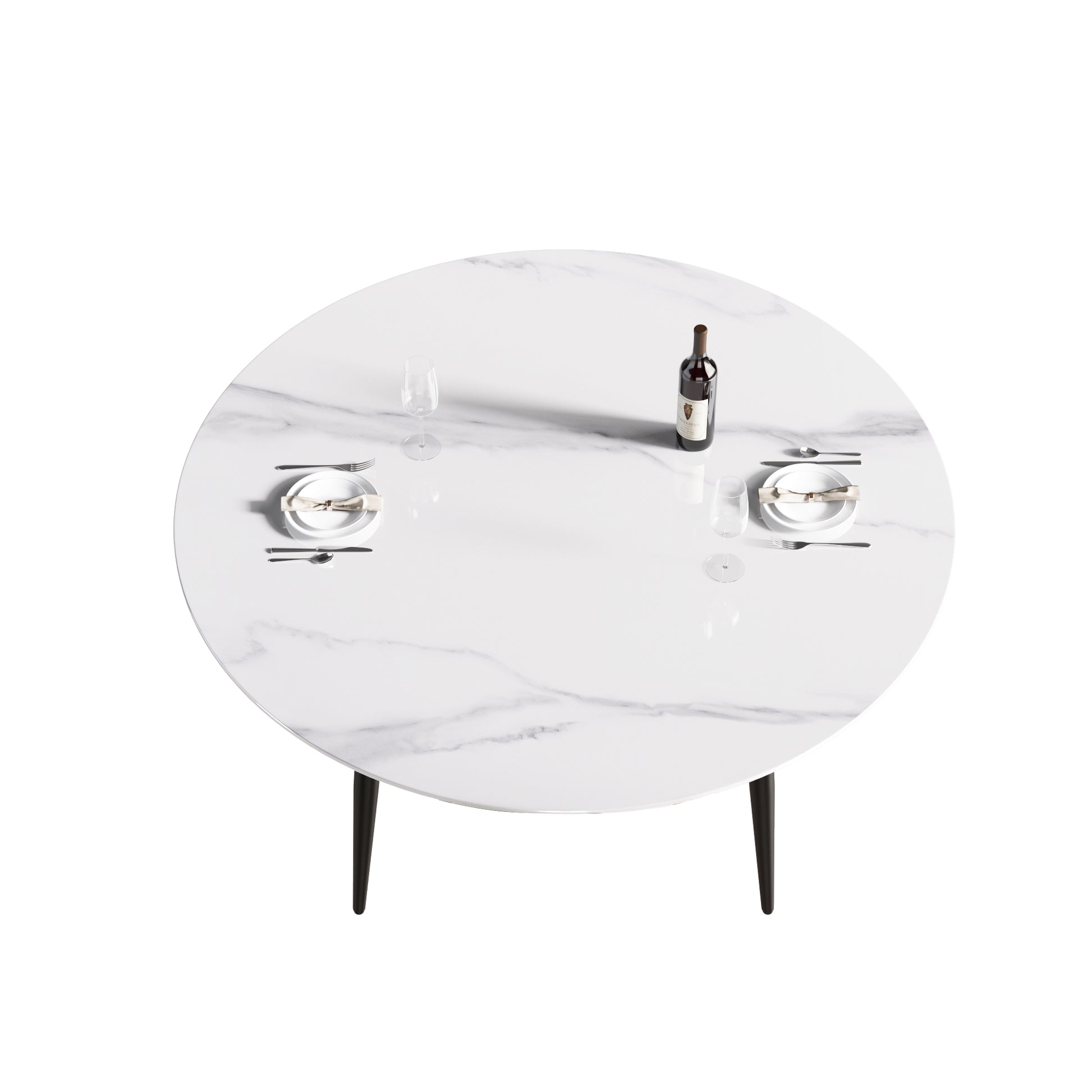 Round marble dining table with wine and place settings for two