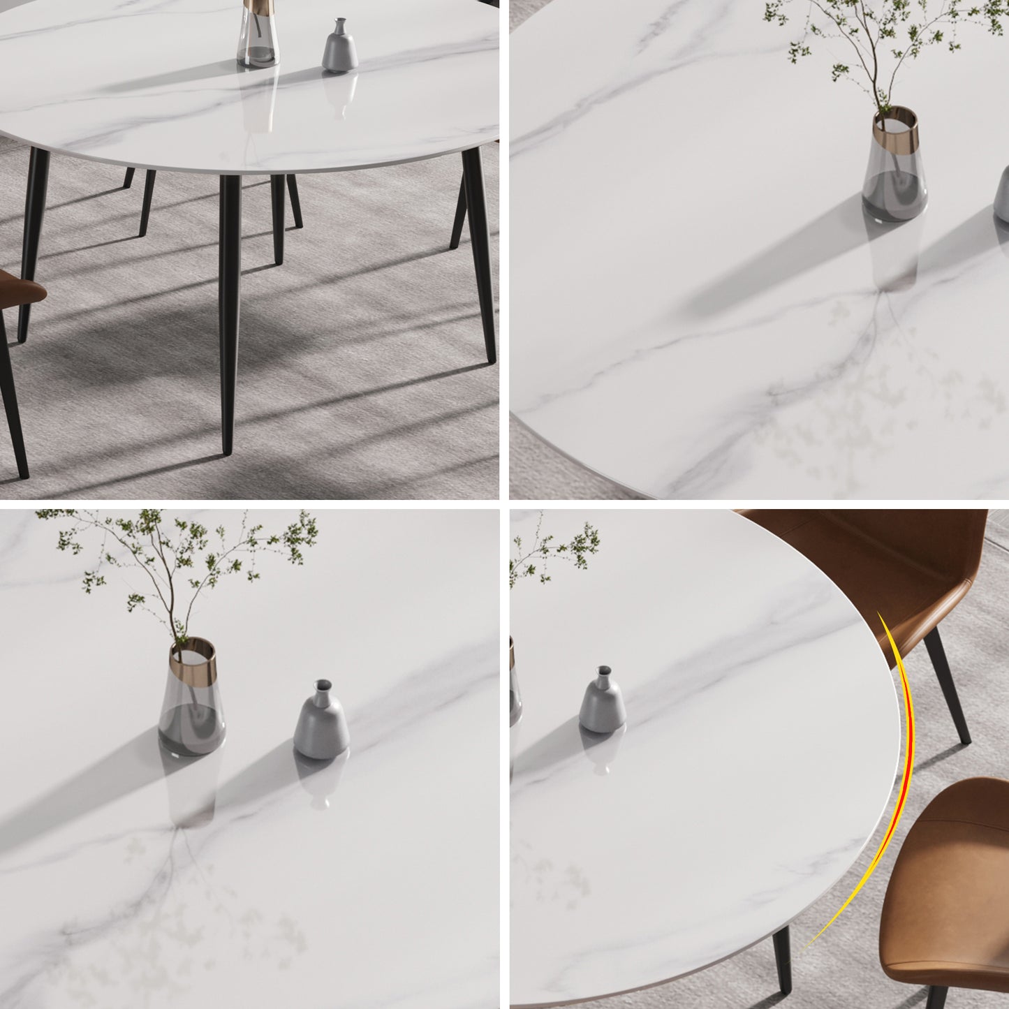 White marble top dining table with sleek black legs