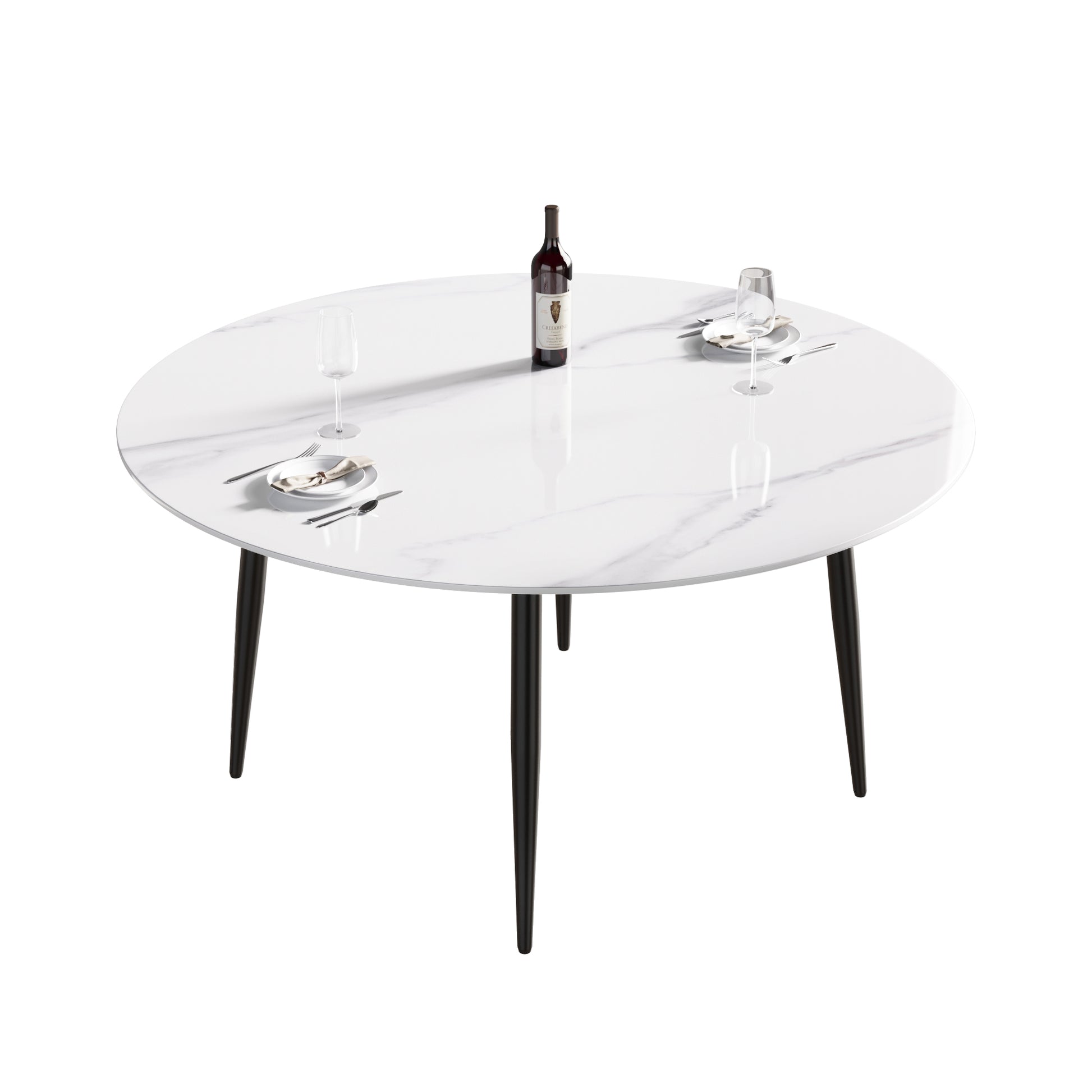 White marble top round dining table with black tapered legs