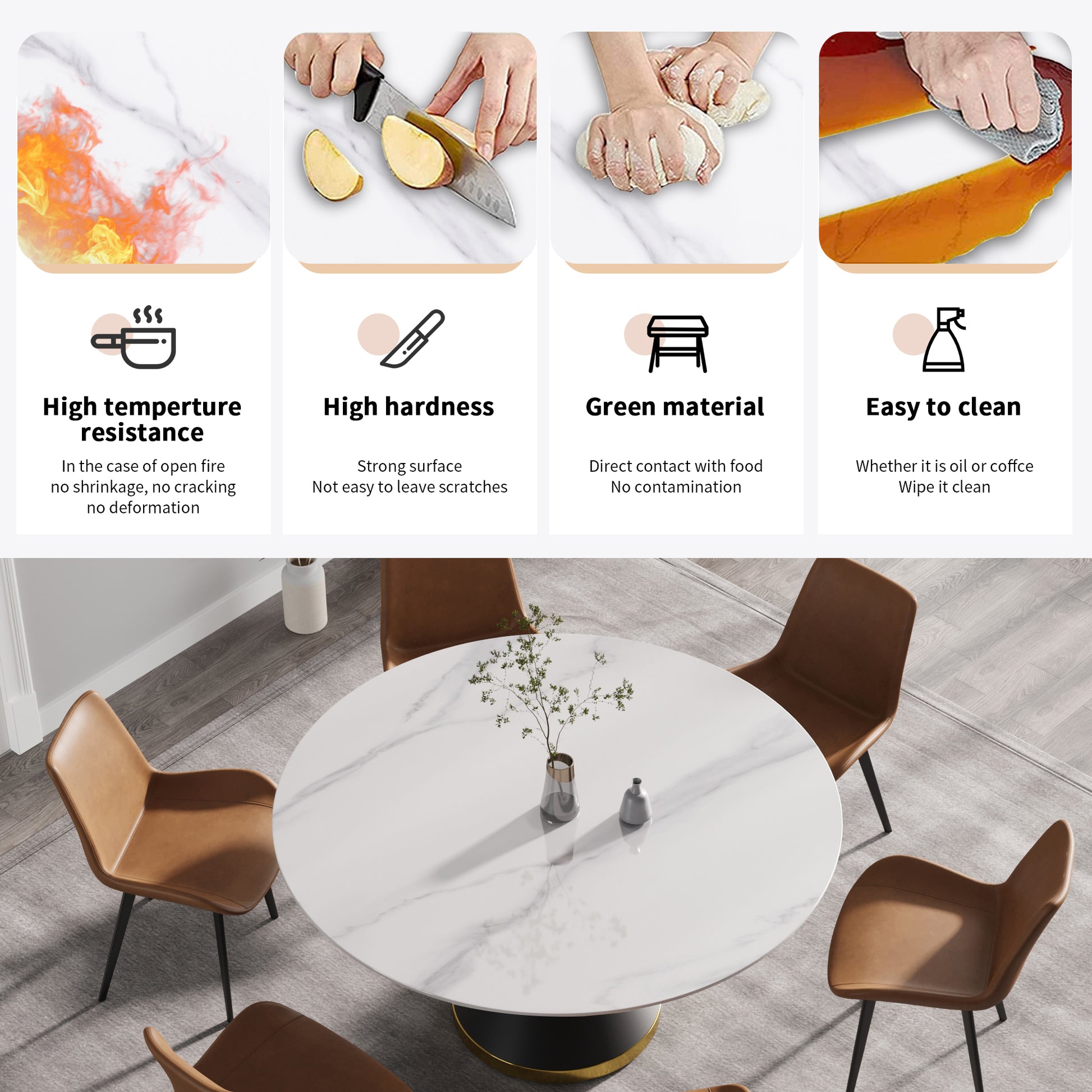 Round white marble dining table with faux leather chairs