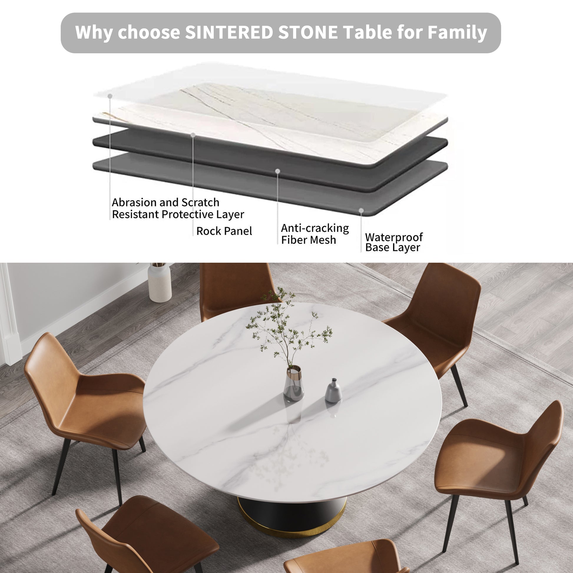 Round sintered stone dining table with white marble veining and a black pedestal base