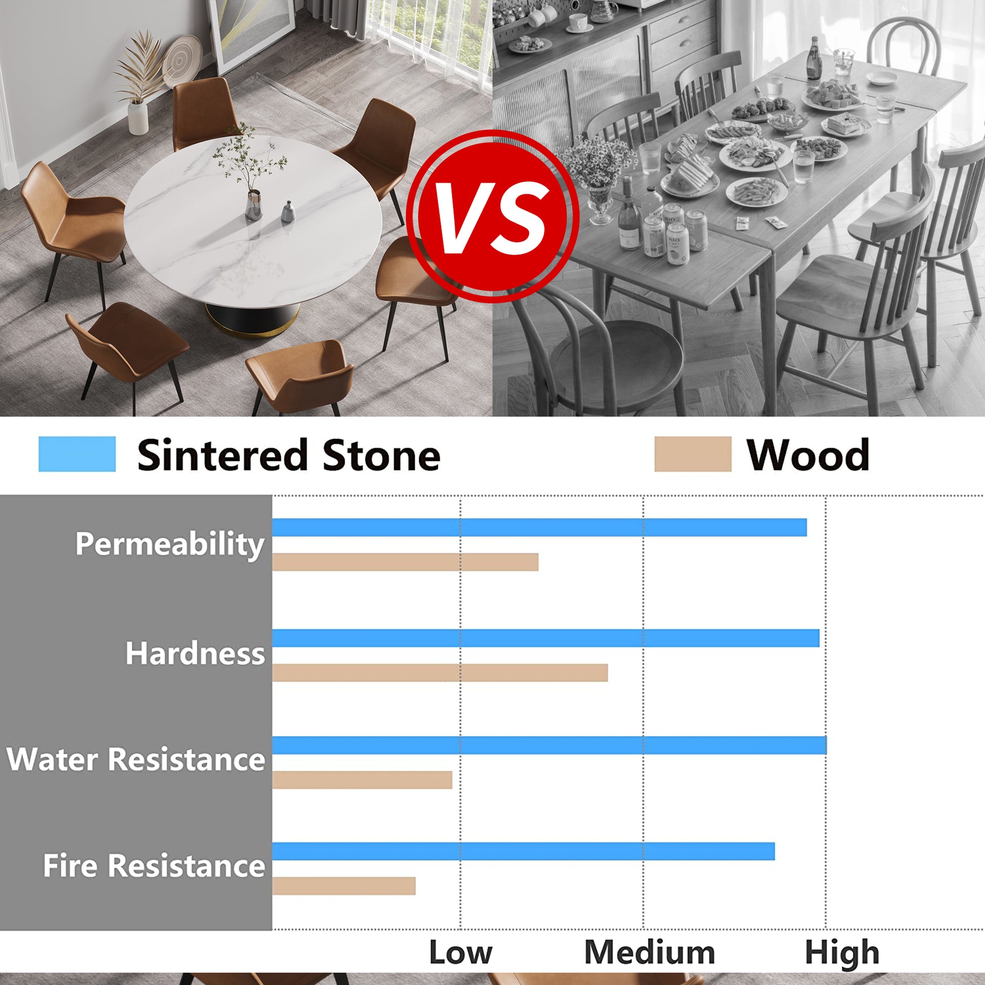 Round white sintered stone dining table with brown leather chairs