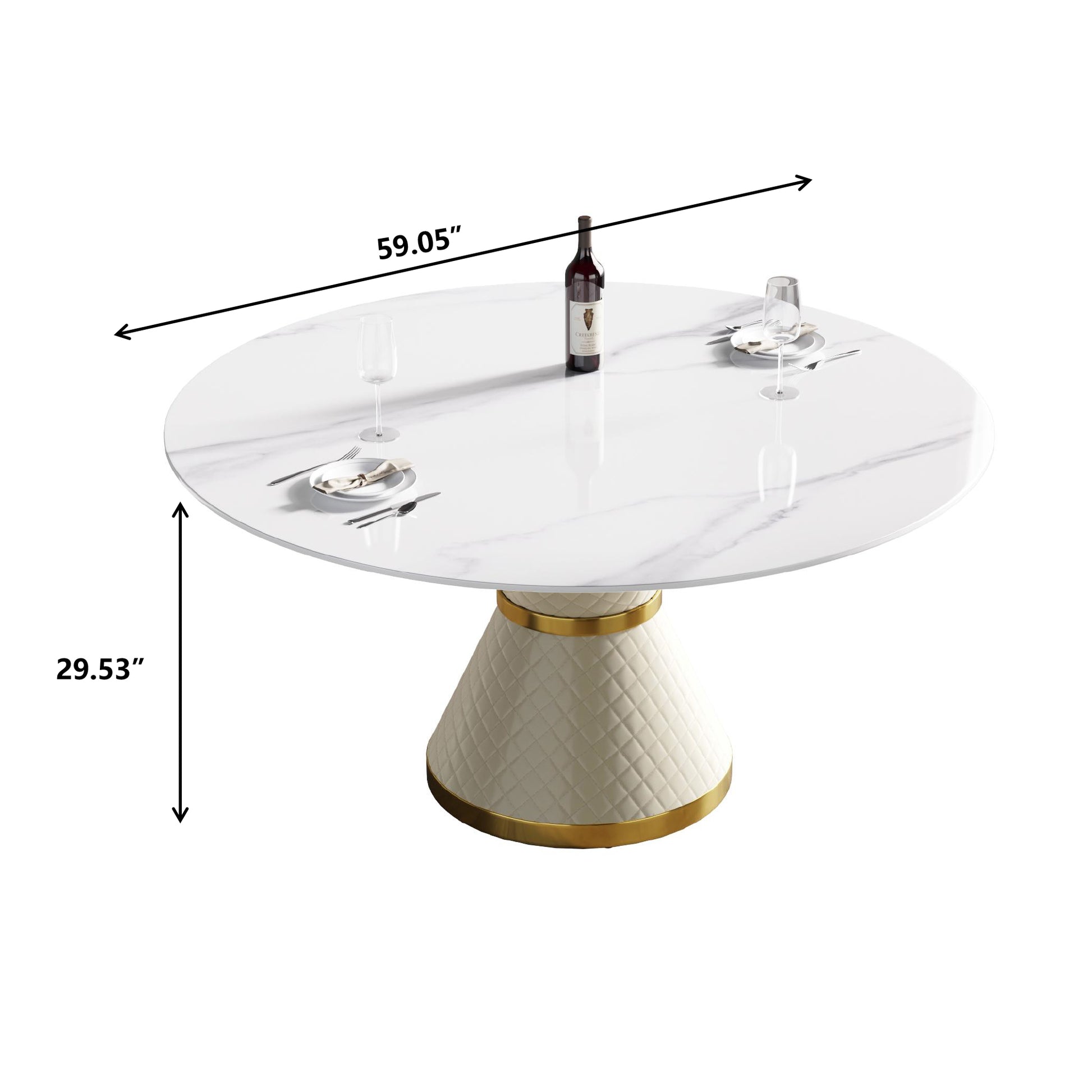 White marble round dining table with quilted cream pedestal base and gold trim