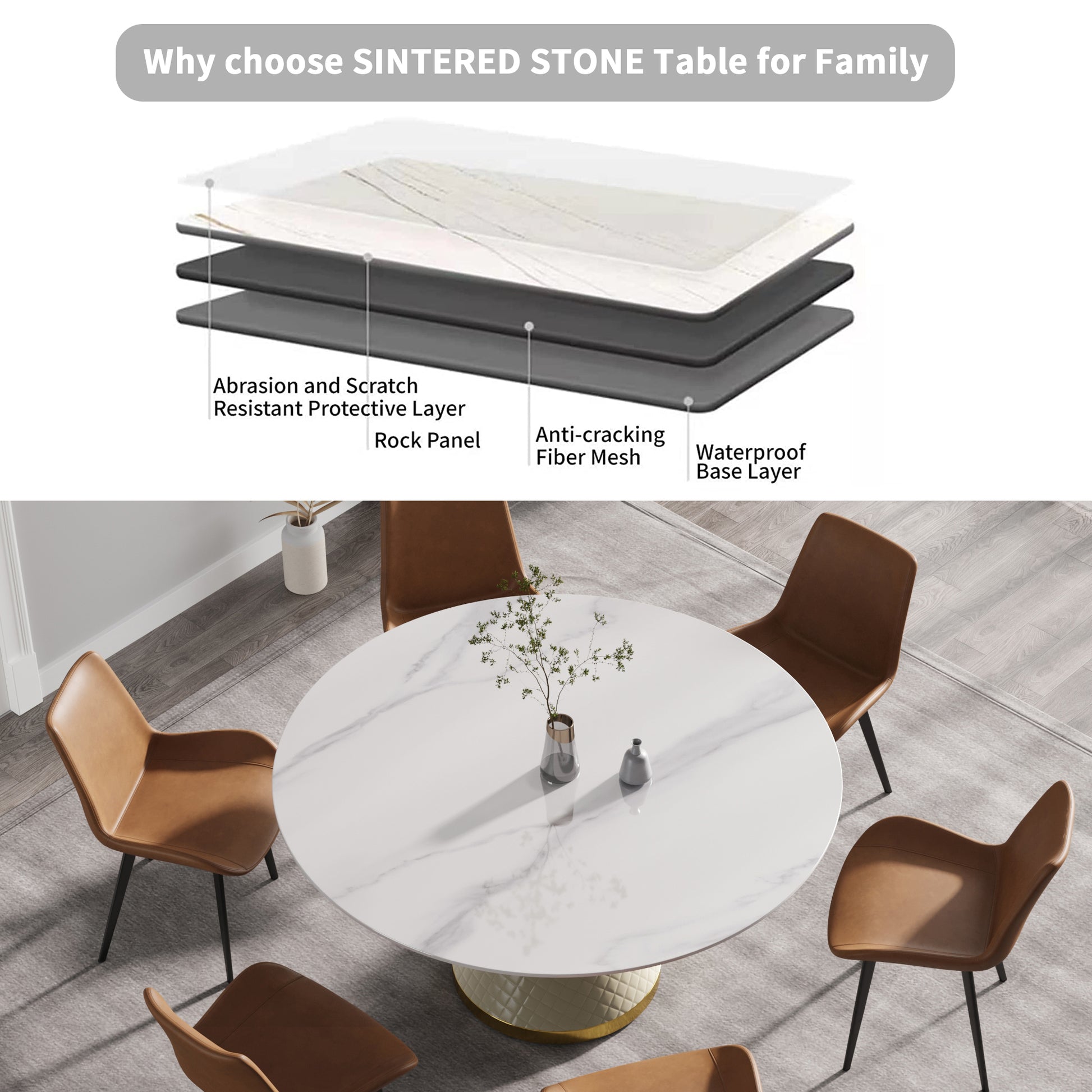 Sintered stone dining table with white marblelook top and quilted gold base