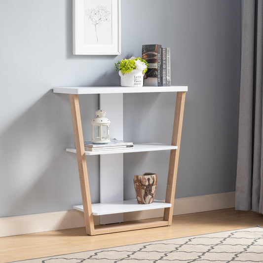 White and wood accent console table with three shelves and decorative items