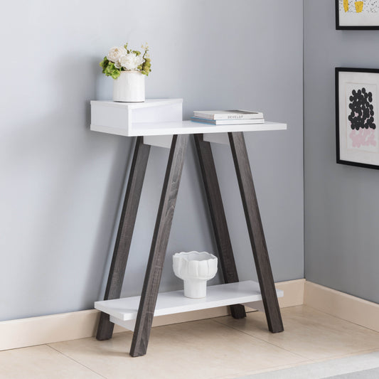 Modern white console table with dark gray angled legs and two shelves