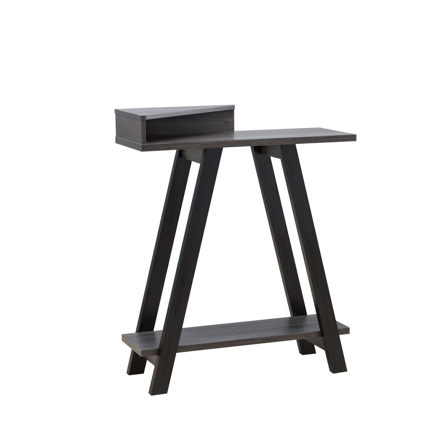 Modern dark wood accent table with a tiered design and sleek legs perfect for entryways