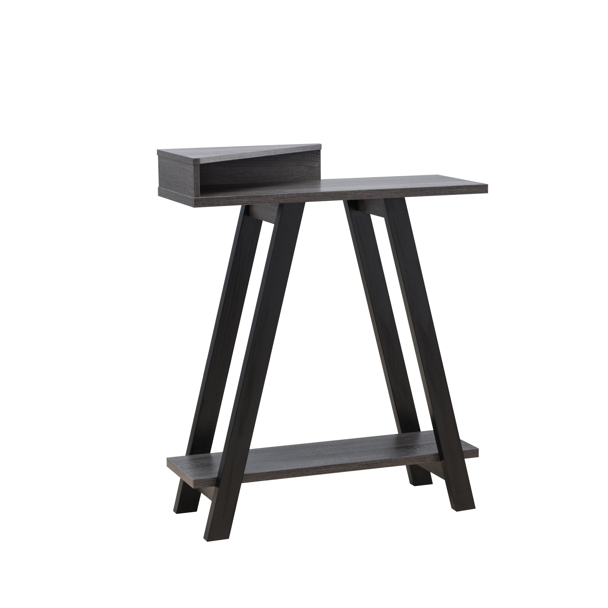 Modern dark wood accent table with a tiered design and sleek legs perfect for entryways