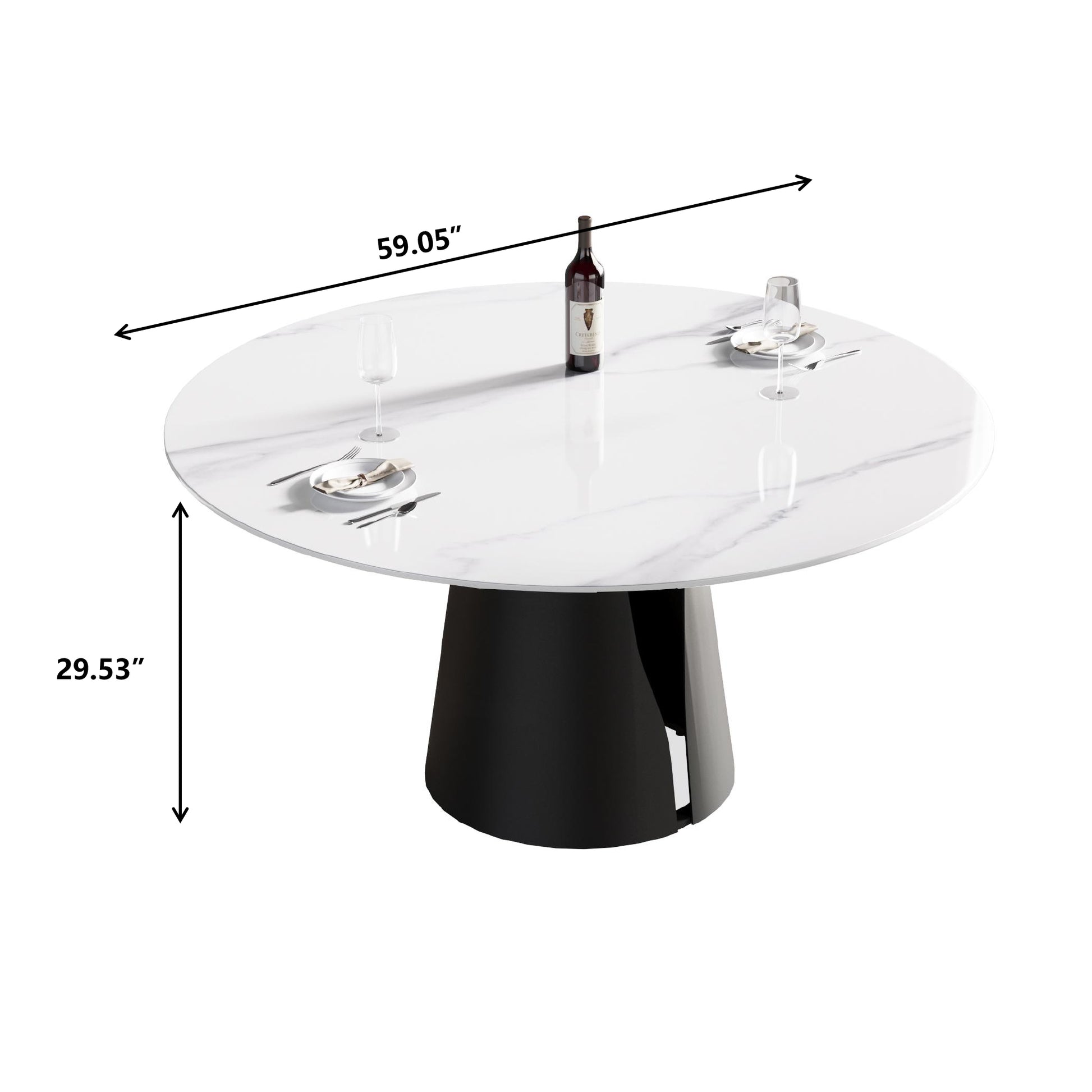 Round marble dining table with black pedestal base