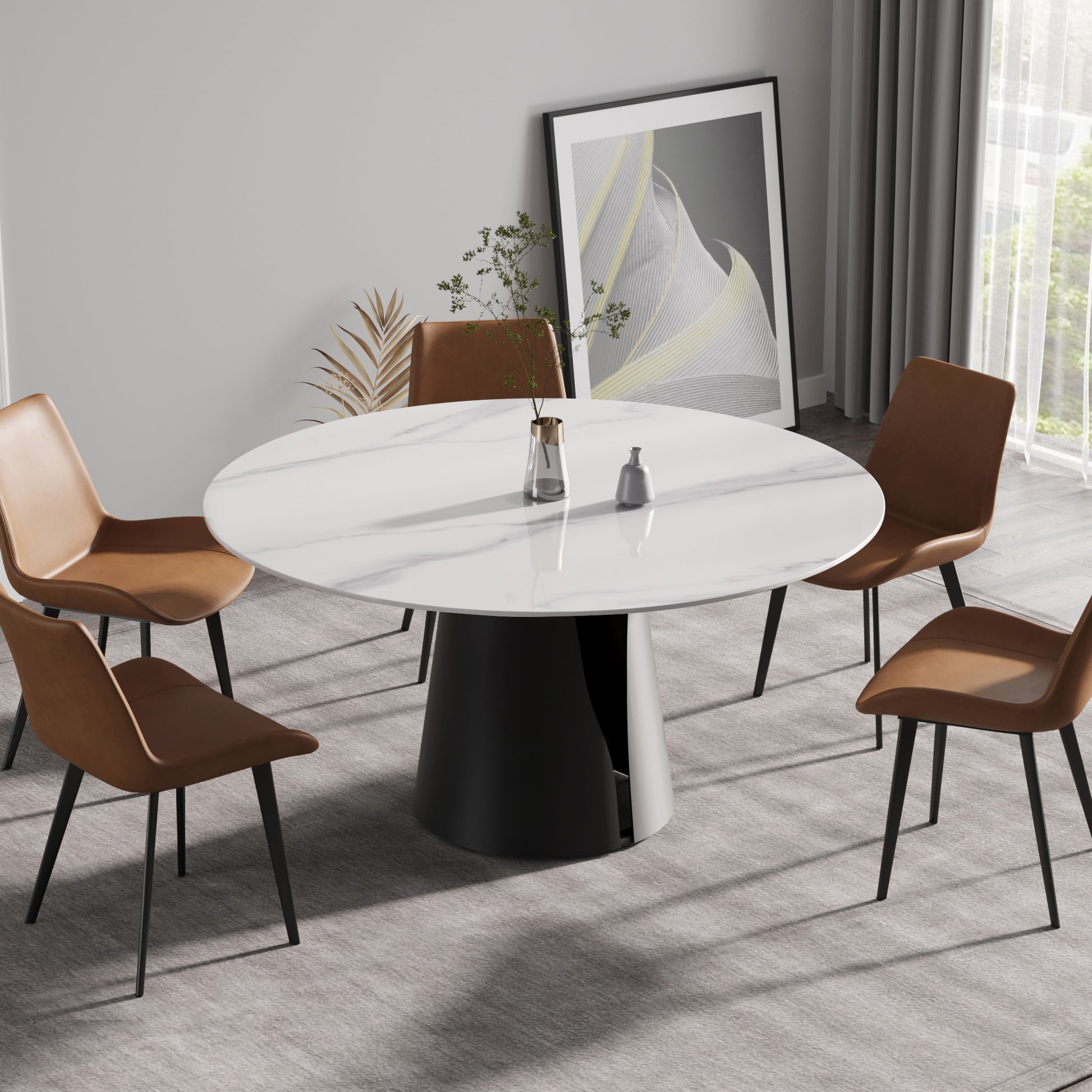 White marble top dining table with black pedestal base