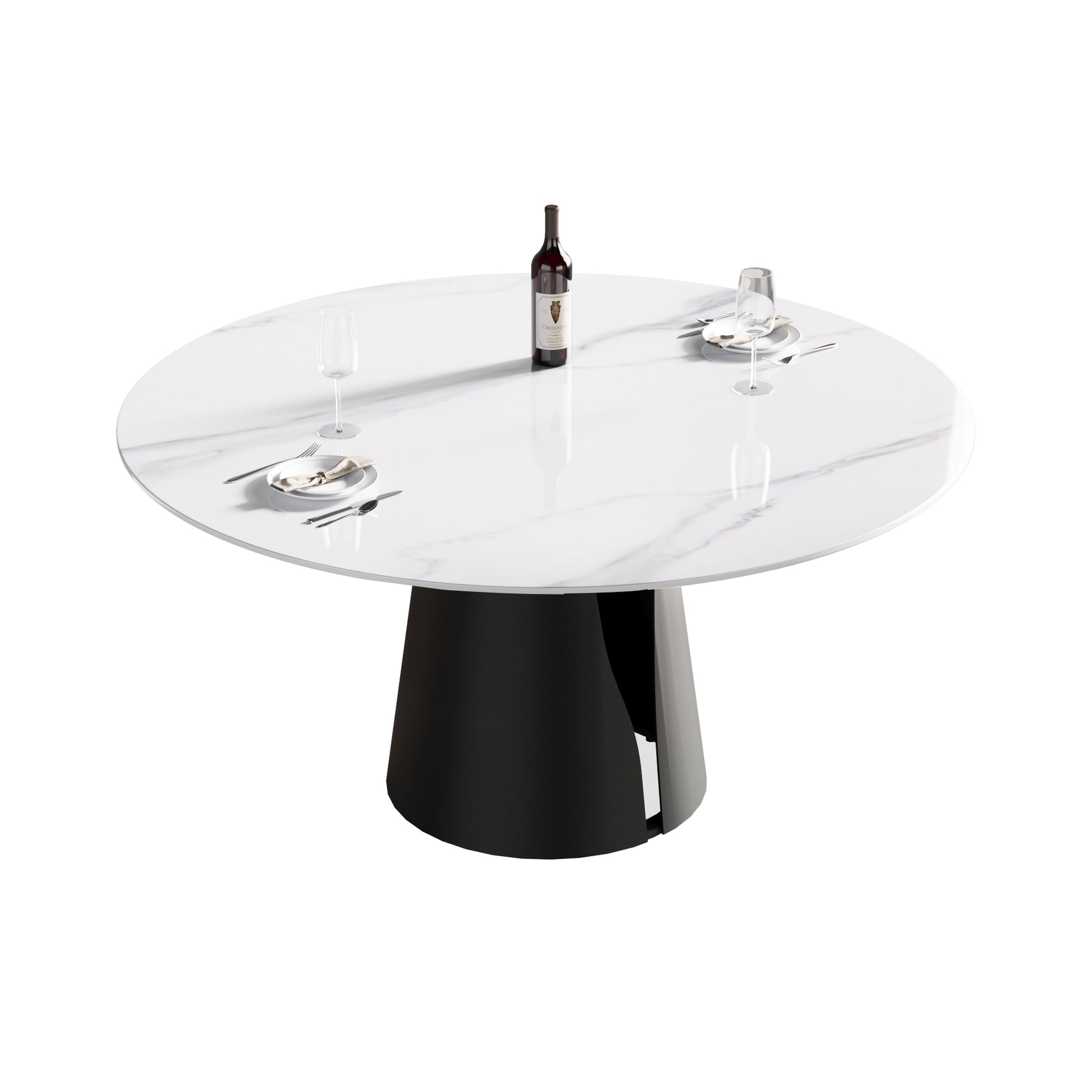 Modern round marble dining table with black pedestal base