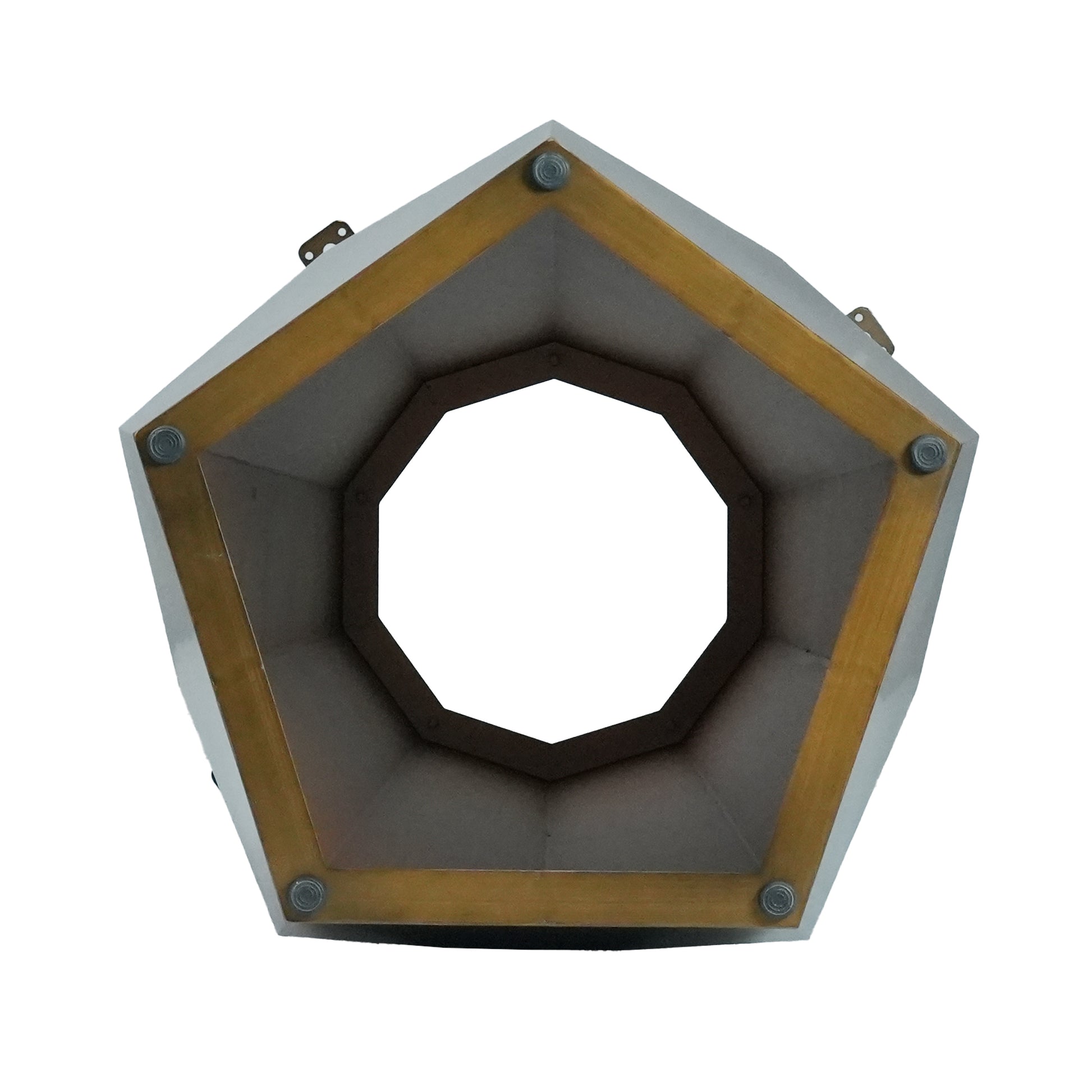 Silver pentagonal metal planter with golden wood trim