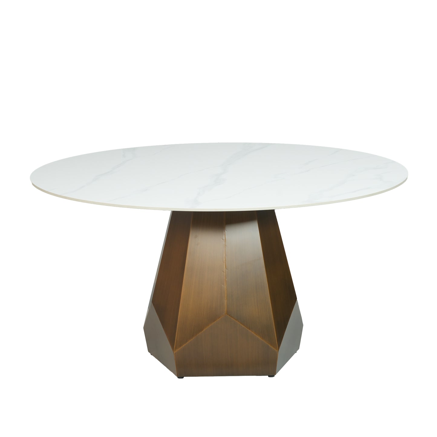 Round white marble top dining table with geometric bronze base