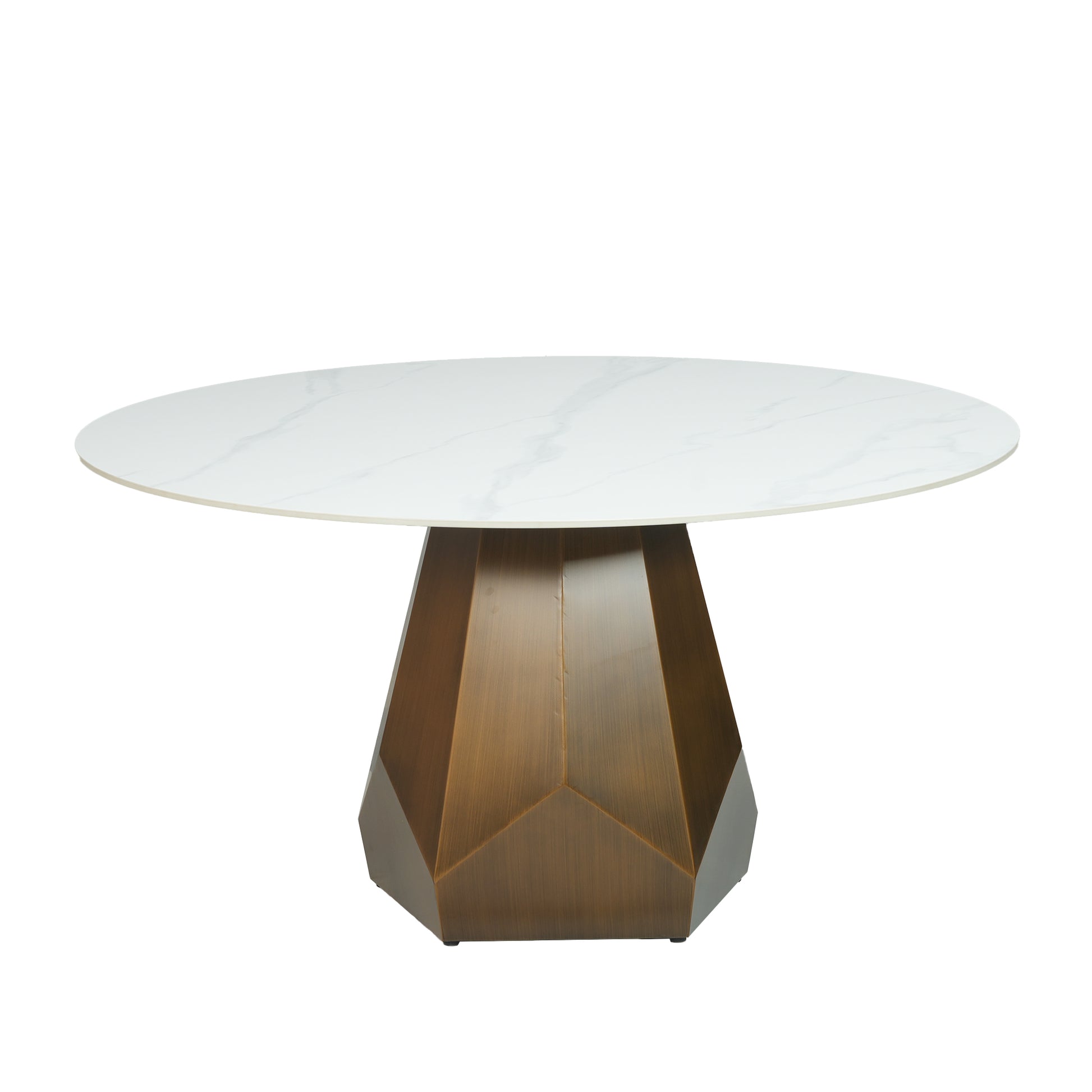 Round white marble top dining table with geometric bronze base