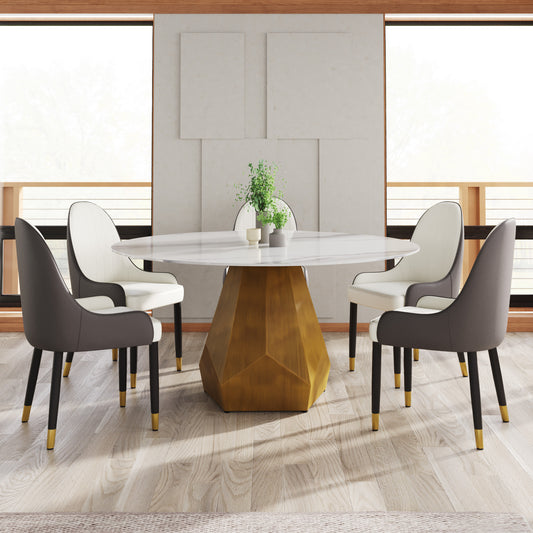 White marble dining table with gold geometric pedestal base