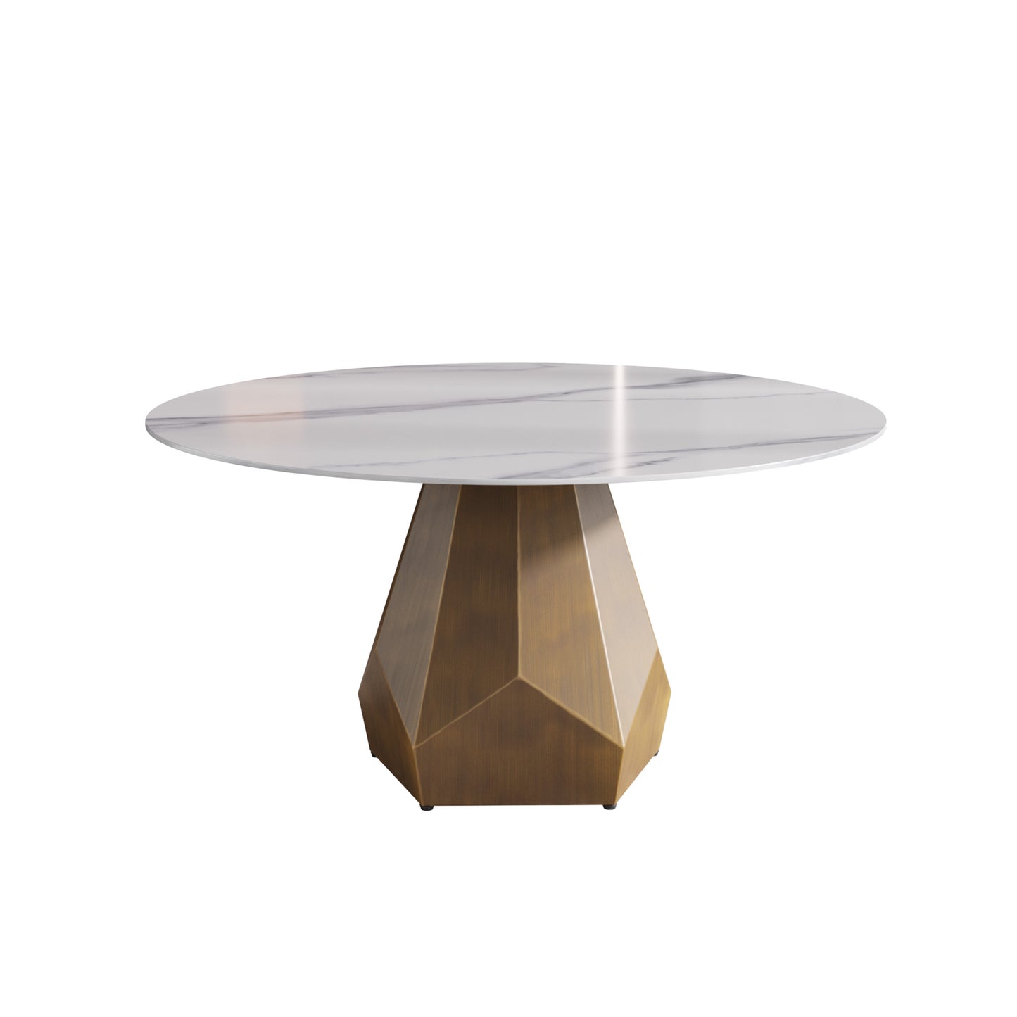 Modern round marble dining table with faceted brass base