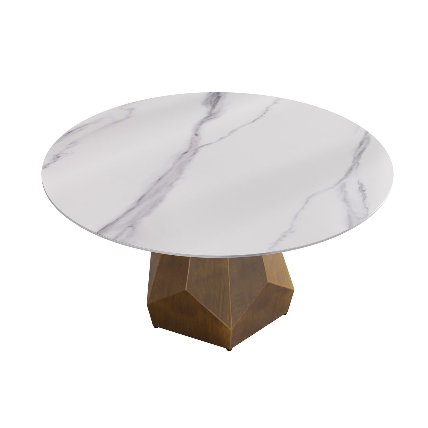 Round marble top coffee table with geometric antique brass base