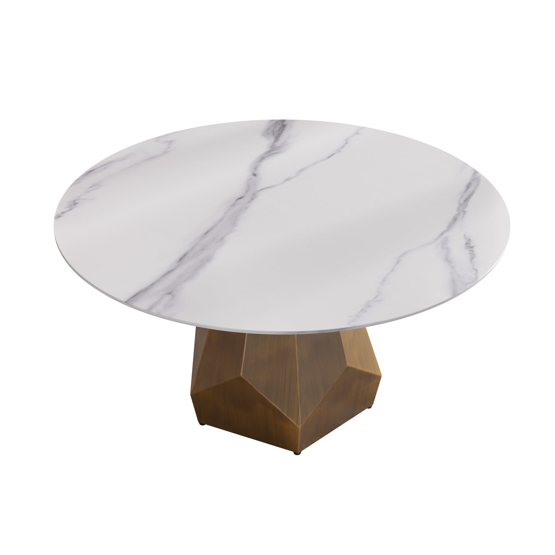 Round marble top coffee table with geometric antique brass base
