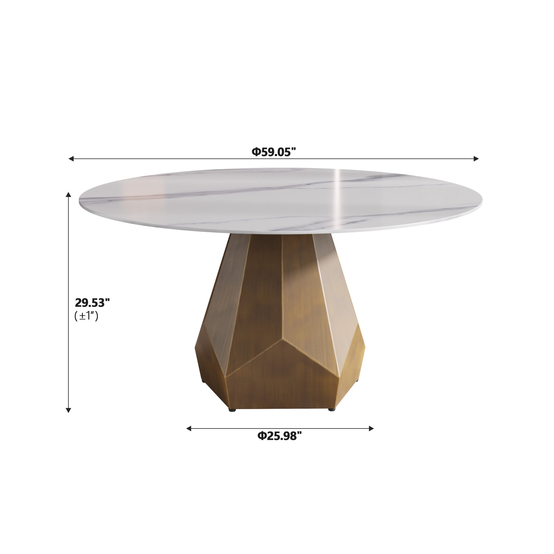 Round marble top dining table with faceted brass base
