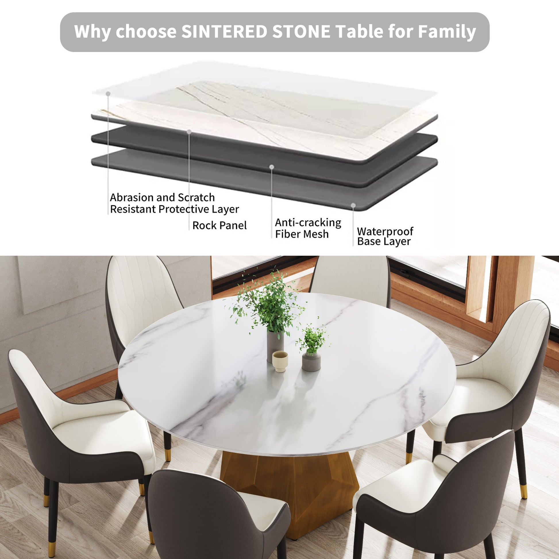 Modern sintered stone dining table with marble pattern and gold base