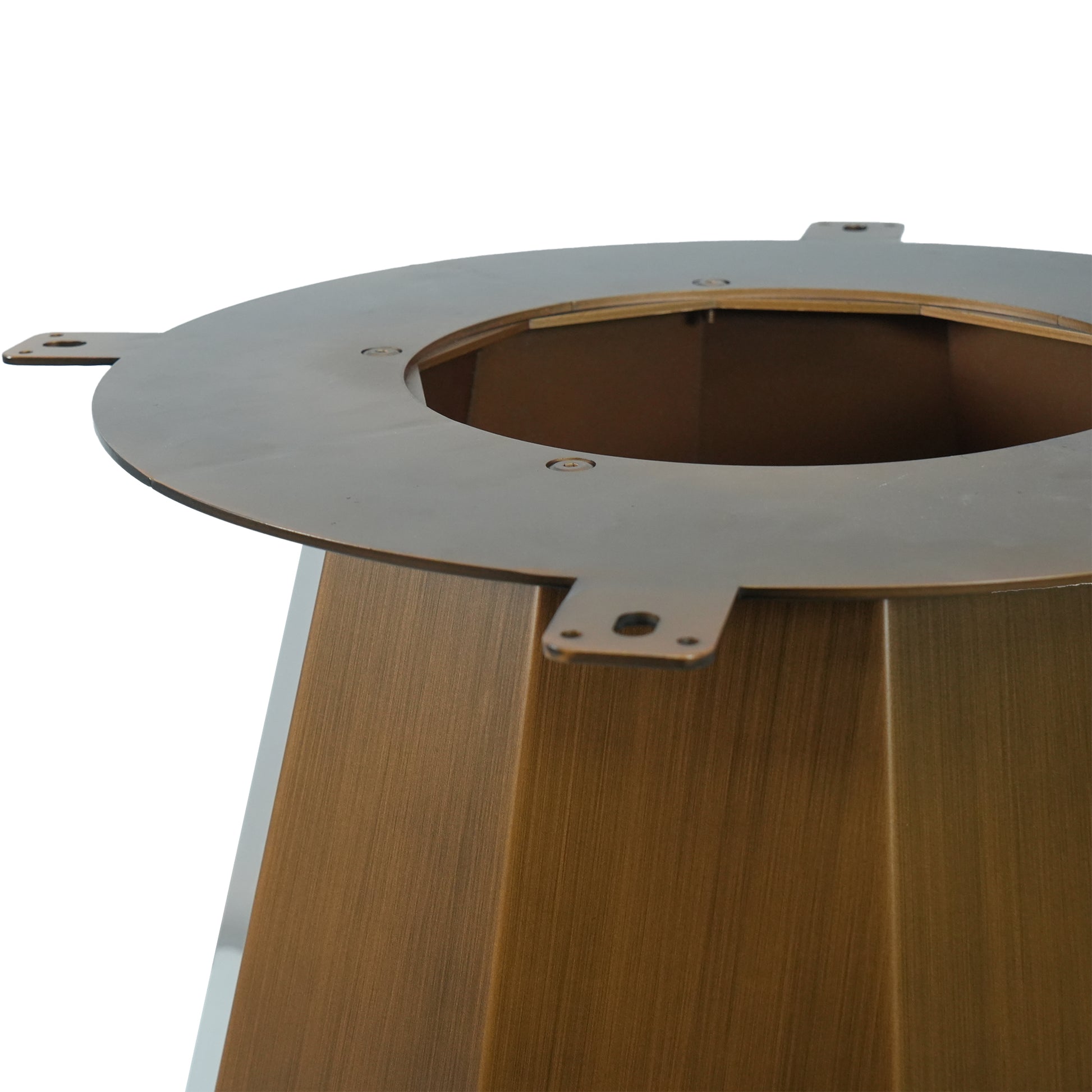 Bronze metal table base with angled panel design