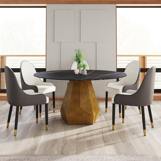 Round black marble dining table with gold geometric base