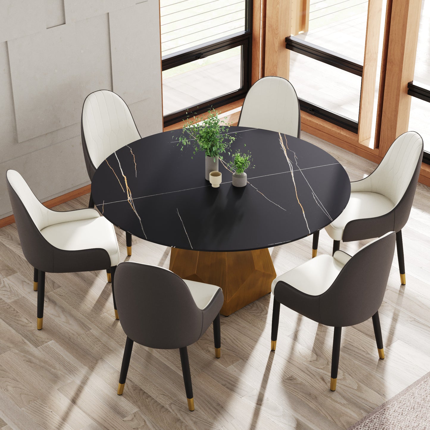 Black marble dining table with gold veining and six upholstered chairs