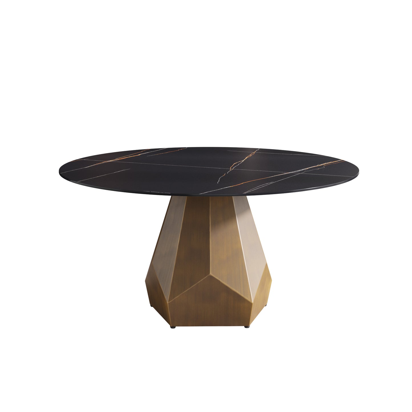 Round black marble dining table with brass geometric base
