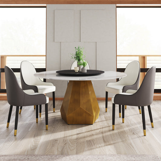 Modern white marble dining table with brass geometric base