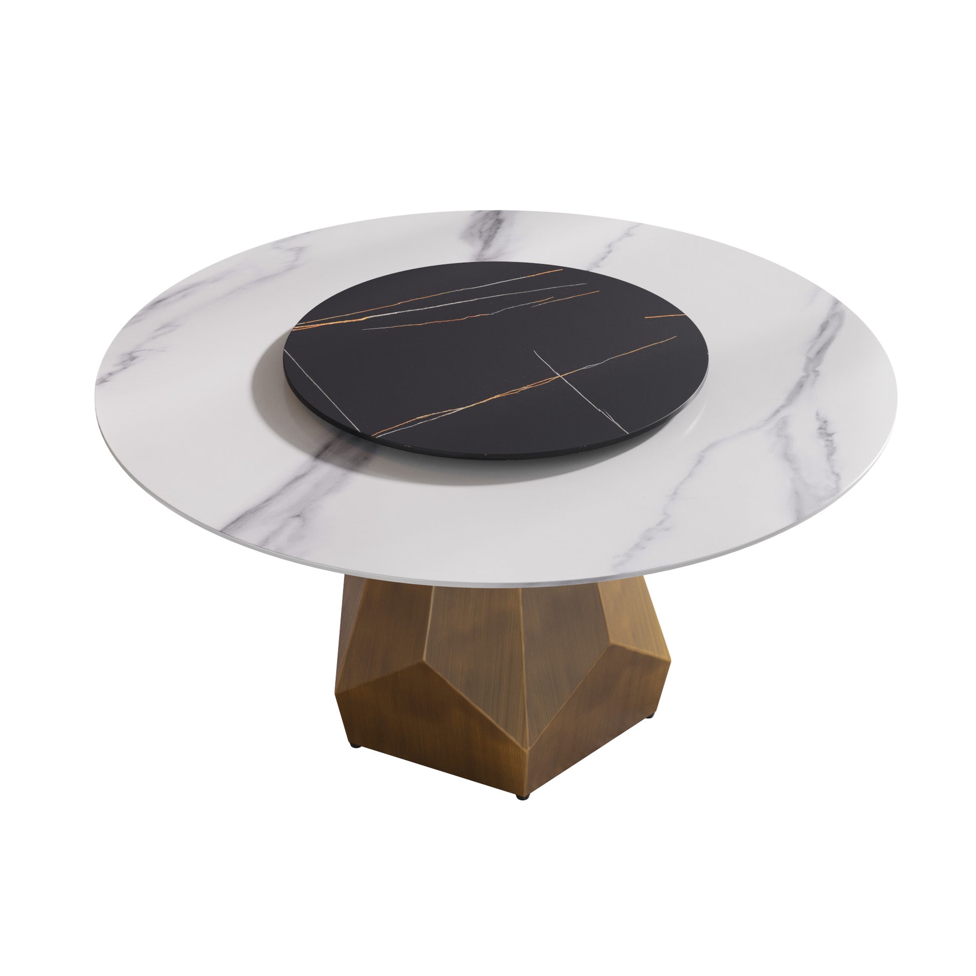Round marble top dining table with black inlaid Lazy Susan and geometric bronze base