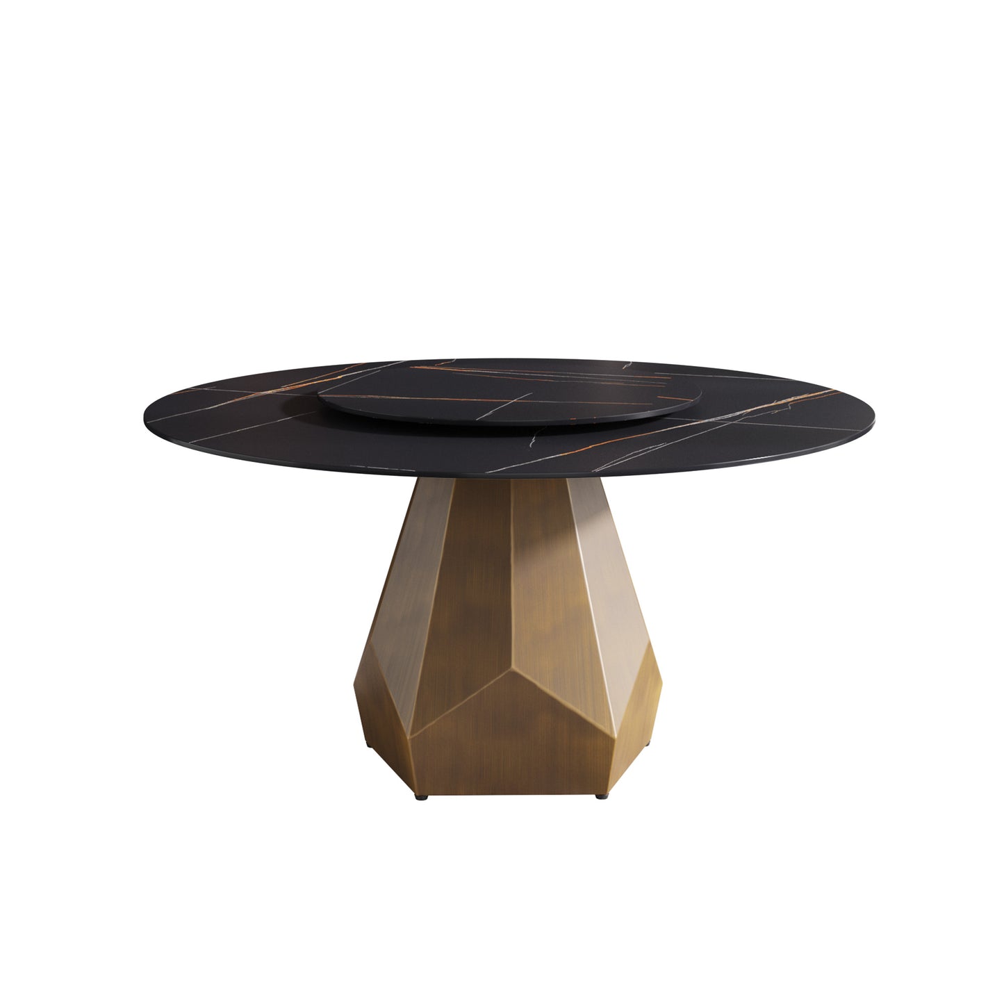 Black marble round dining table with gold accents and geometric brass base