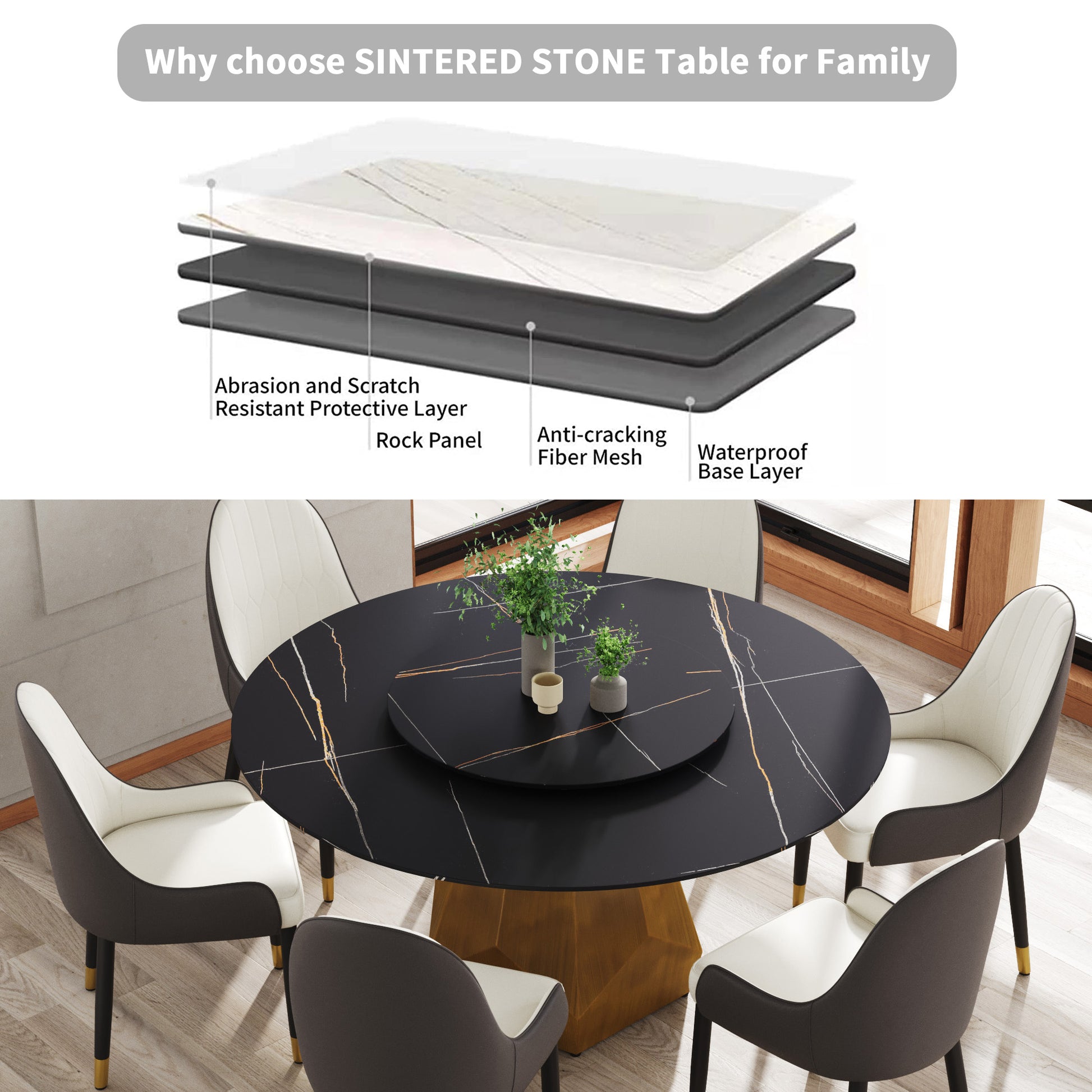 Round black sintered stone dining table with marble gold veins
