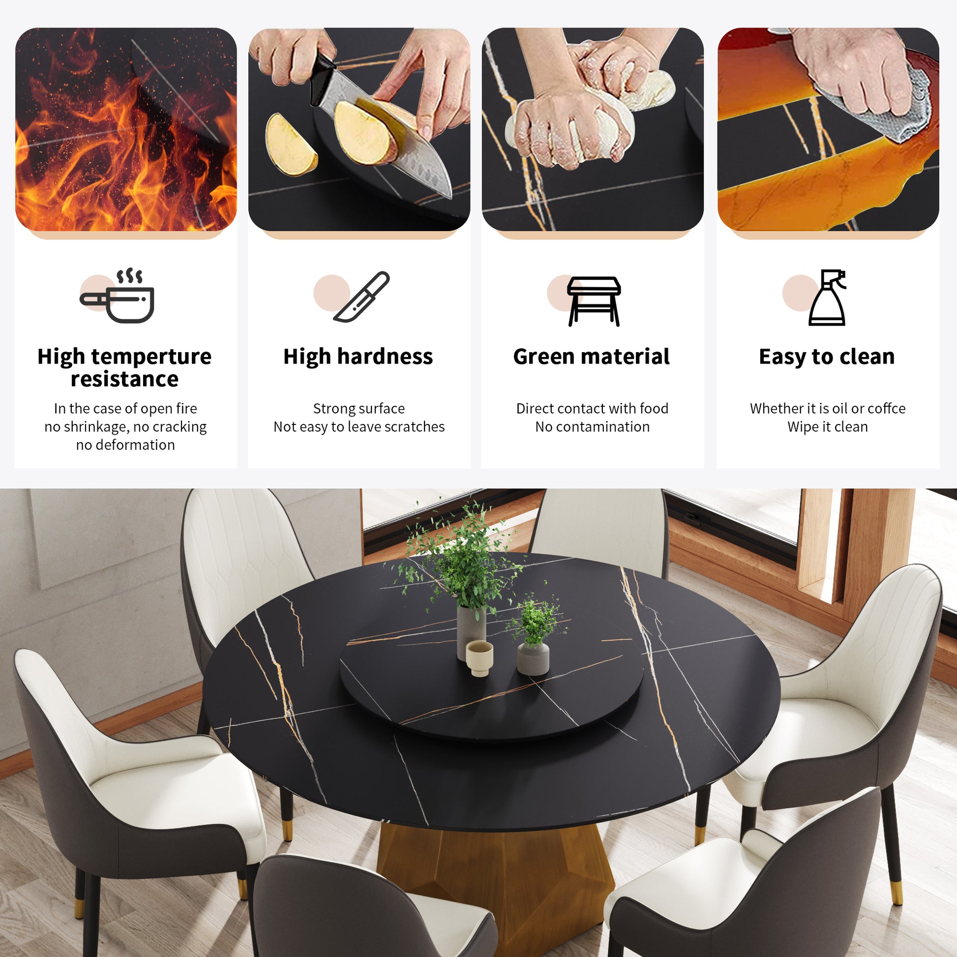 Black marble dining table with gold accents high temperature resistant