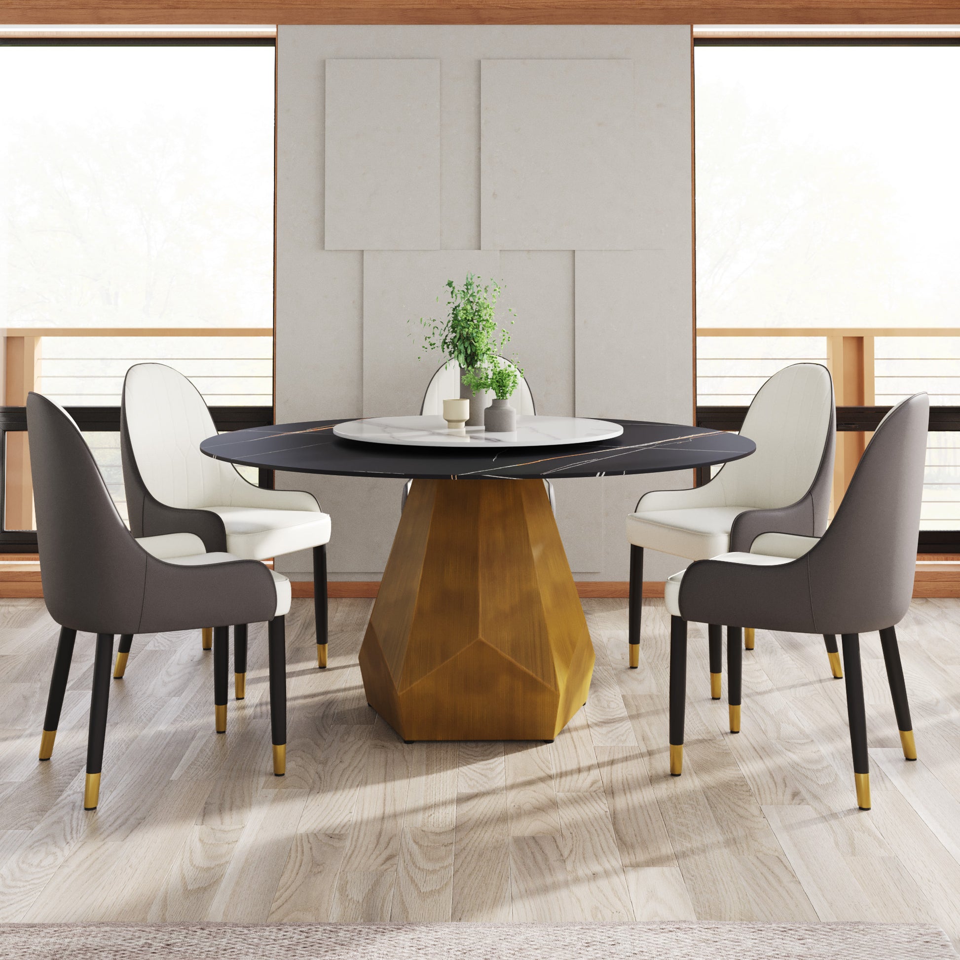 Modern dining table set with black marble top and gold geometric base
