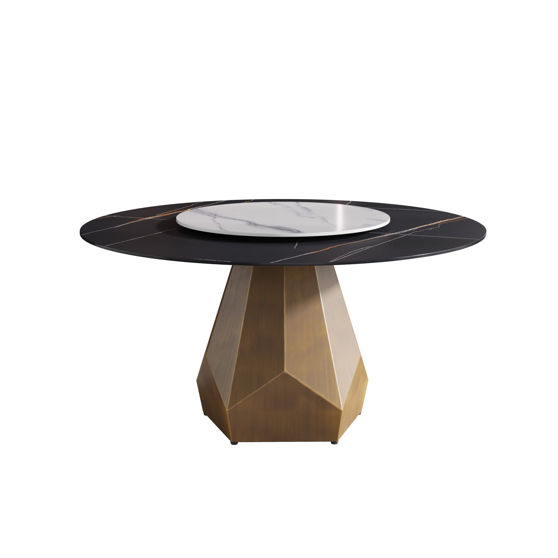 Round black marble dining table with gold veining and a brass geometric base