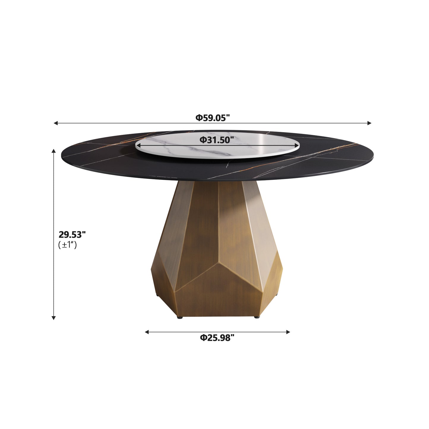 Black marble dining table with gold veins and a gold geometric base