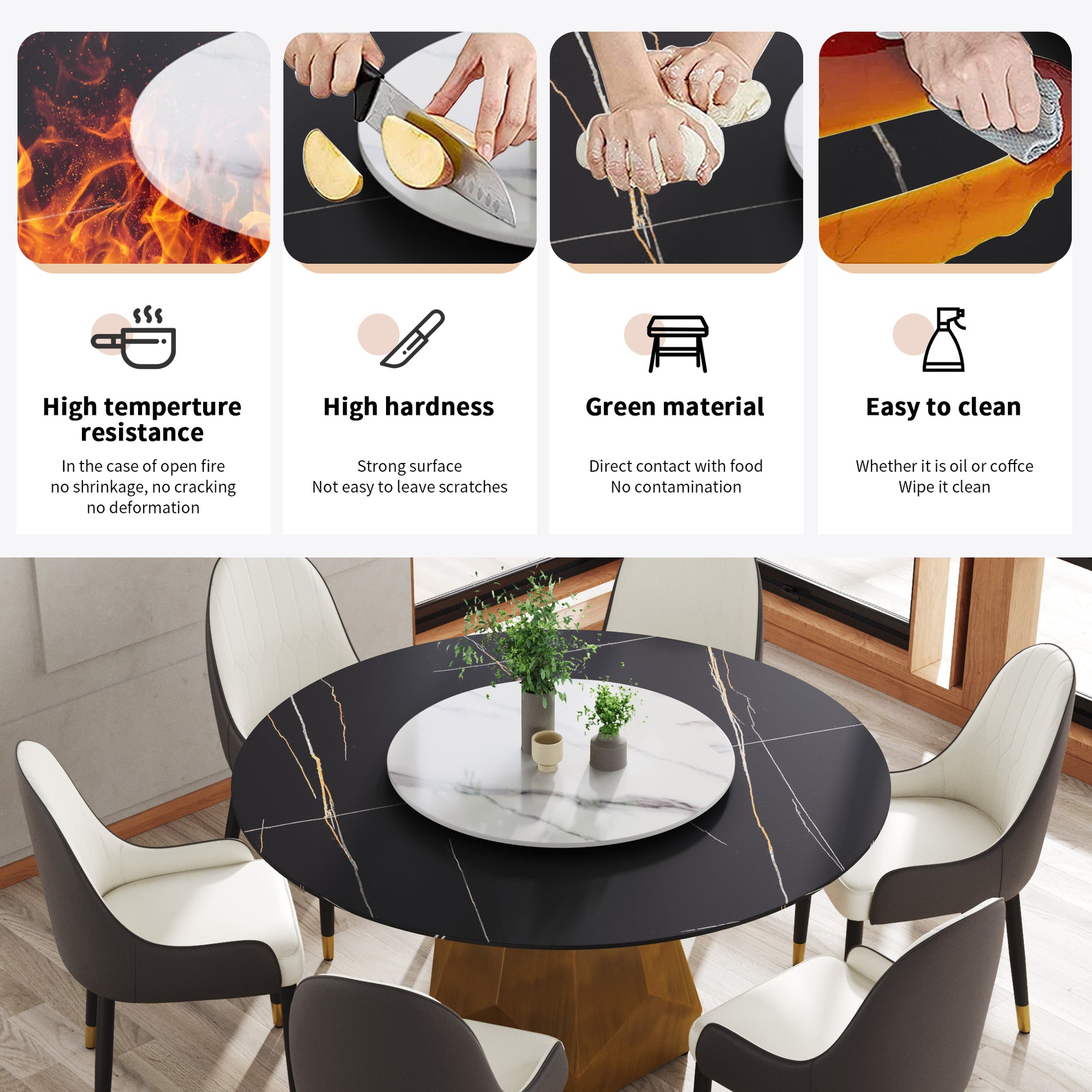 Round dining table with white marble lazy susan