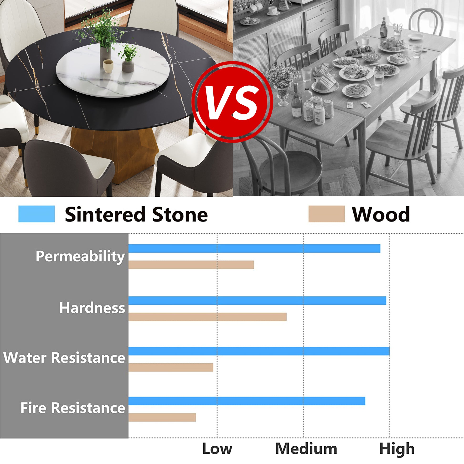 Round black sintered stone dining table with white marble inlay and gold accents