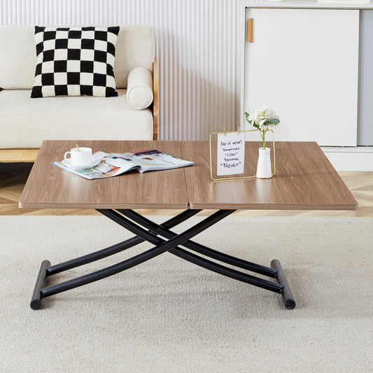 Lift top coffee table with wood grain finish and black metal base